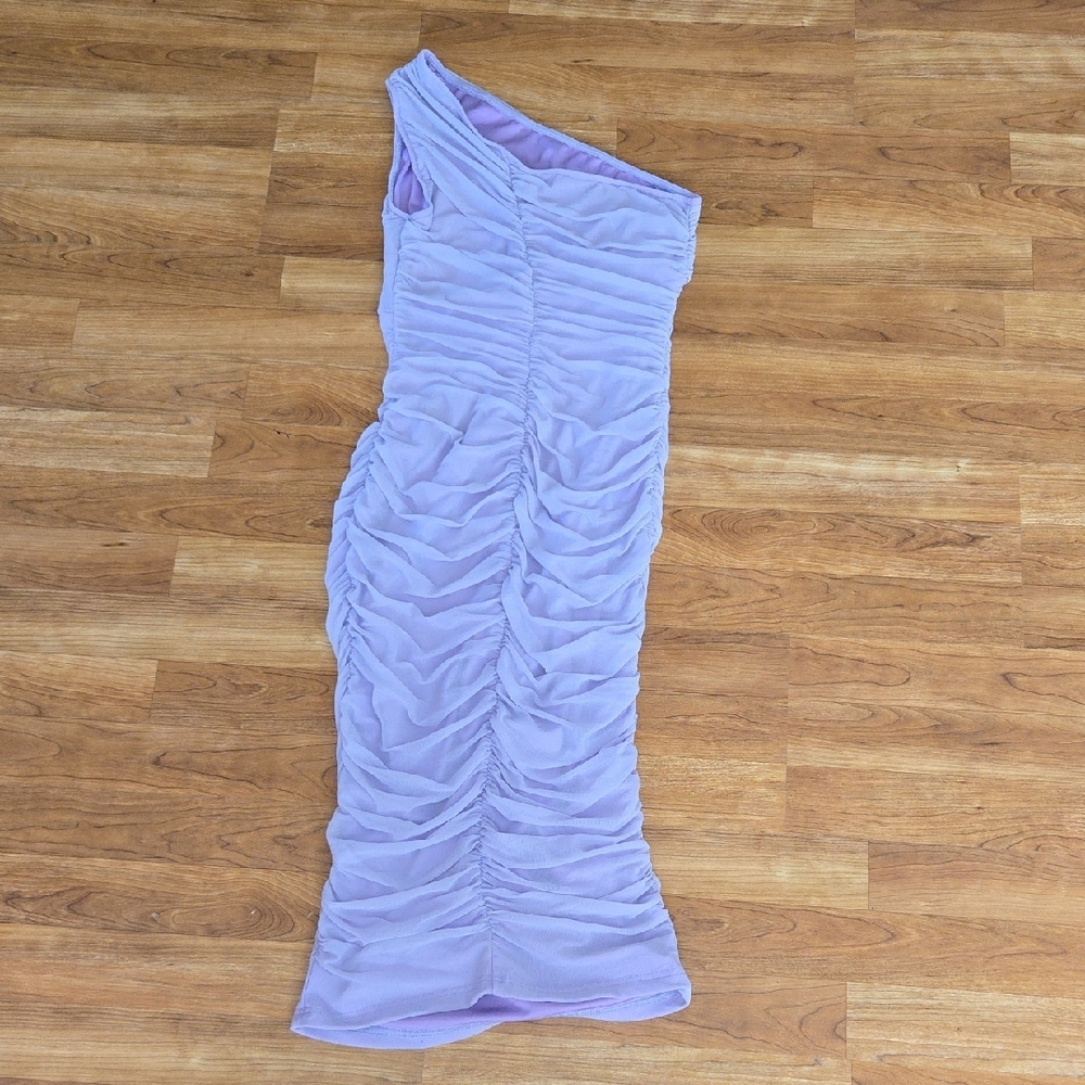 Lilac Ruched One-Shoulder Midi Dress